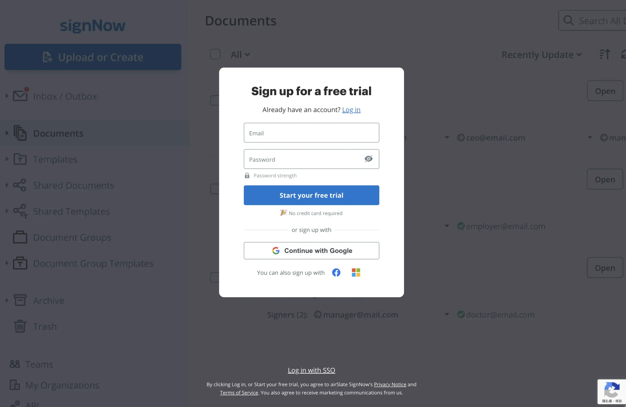 SignNow 免費註冊頁面