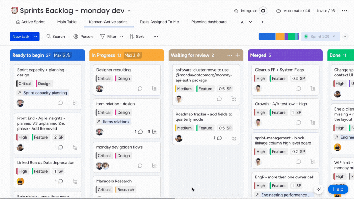 monday.com 的 Kanban 看板介面