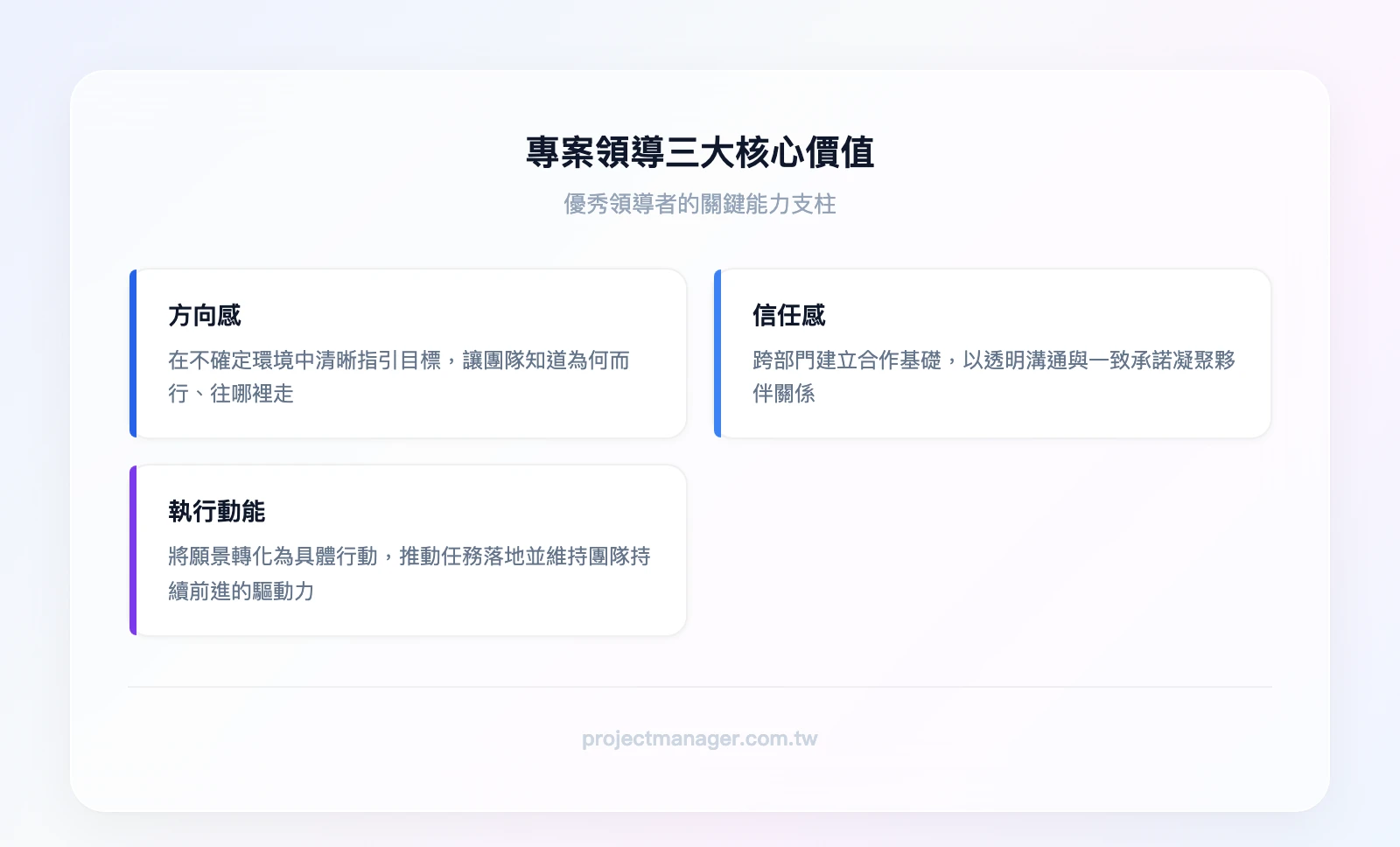 專案領導三大核心價值：方向感（在不確定中指引目標）、信任感（跨部門建立合作基礎）、執行動能（把願景轉化為行動）