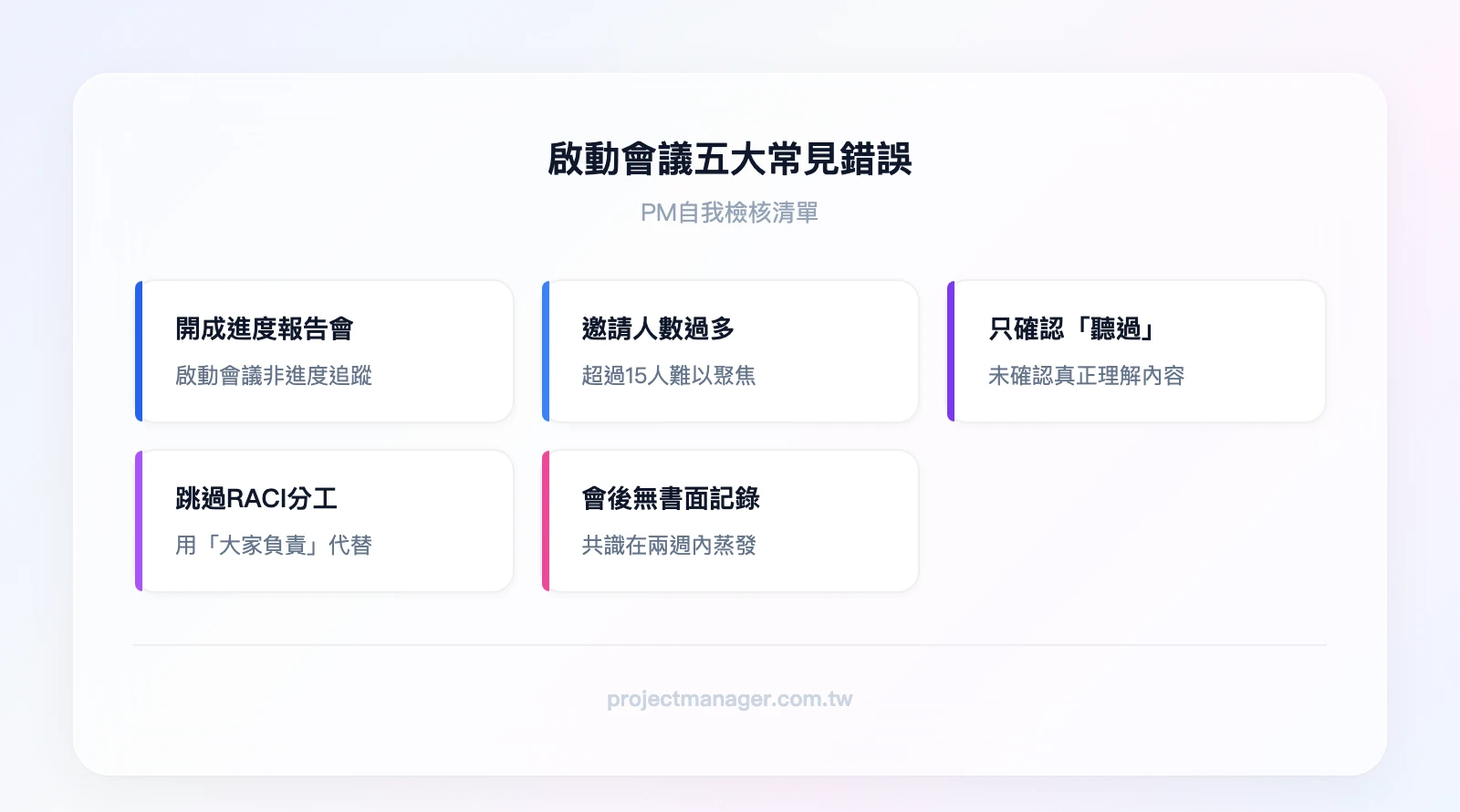 啟動會議五大常見錯誤：開成進度報告會、邀請太多人（超過15人）、沒確認理解只確認「聽過」、跳過RACI用「大家負責」代替、會後沒有書面記錄