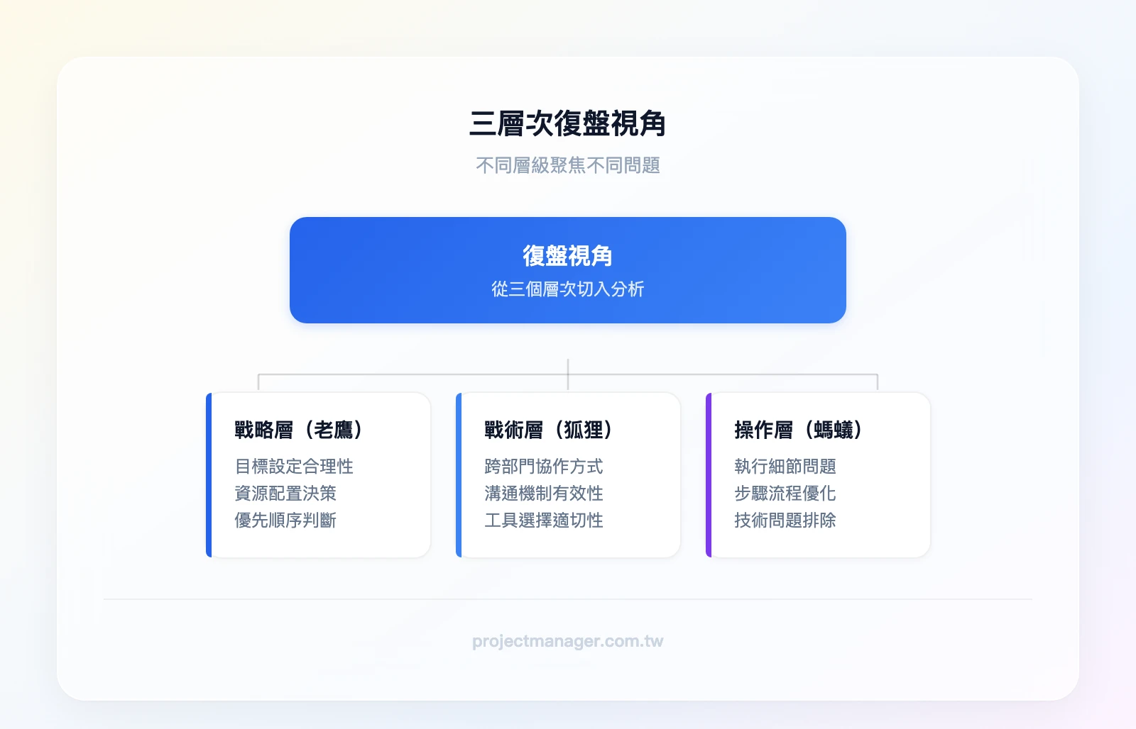 三層次復盤視角：最上層「戰略層（老鷹視角）」——目標設定、資源配置、優先順序；中間層「戰術層（狐狸視角）」——協作方式、溝通機制、工具選擇；最下層「操作層（螞蟻視角）」——執行細節、步驟優化、技術問題