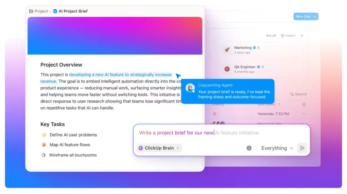 ClickUp 官方網站的文件協作畫面
