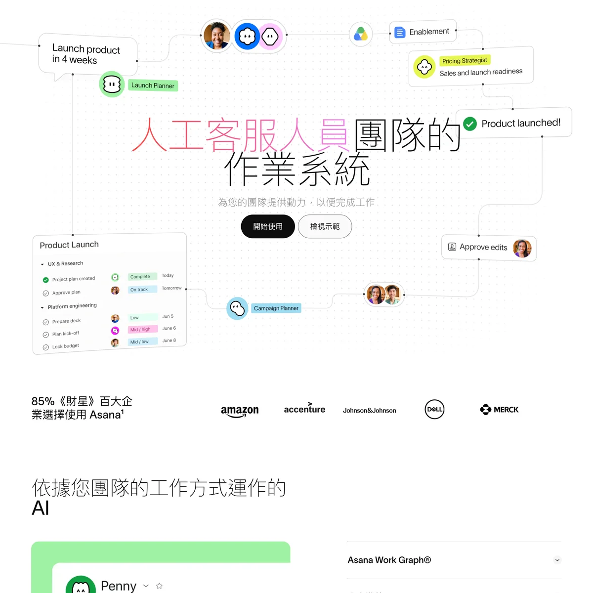 Asana 官方網站的產品主頁畫面