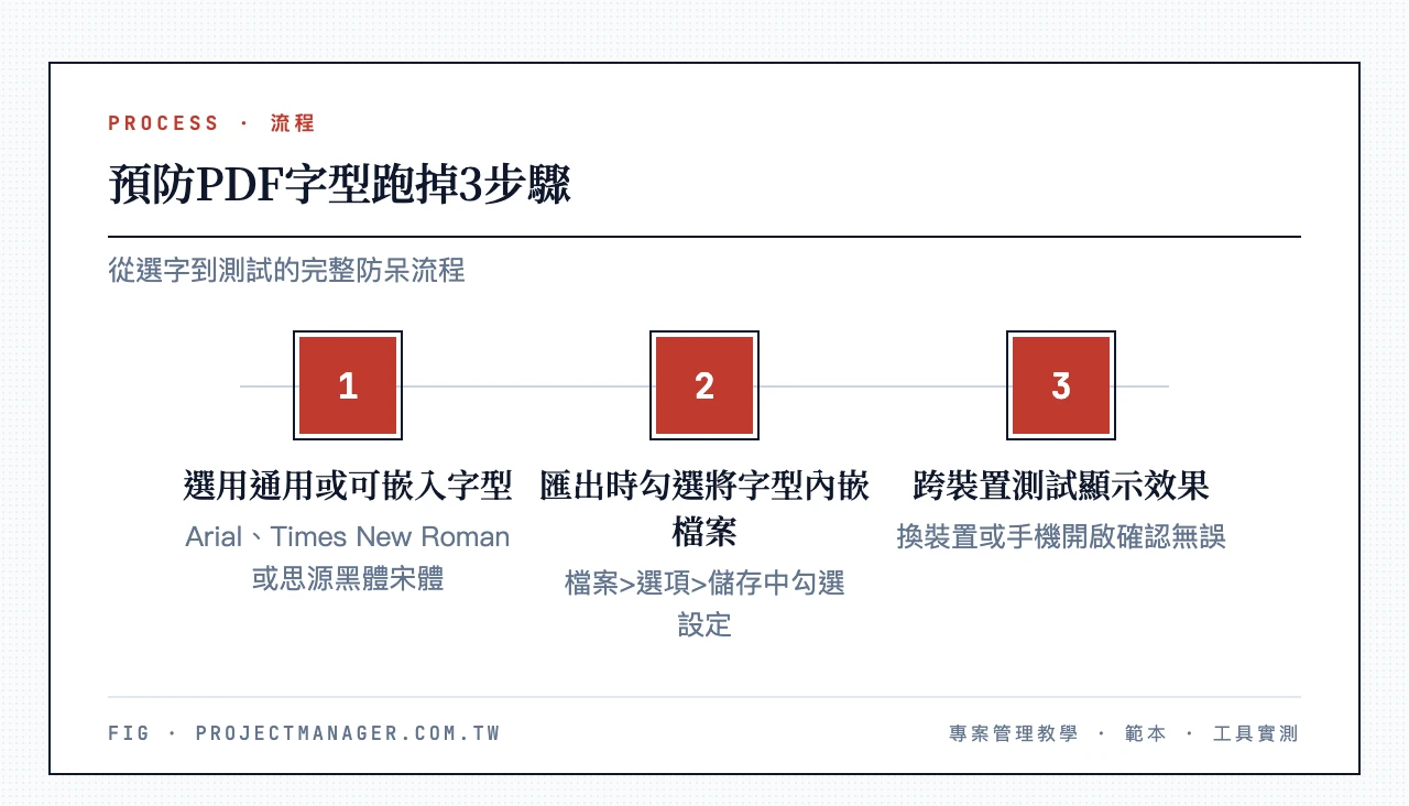 預防PDF字型跑掉3步驟:選用通用或可嵌入字型、匯出時勾選將字型內嵌檔案、跨裝置測試顯示效果