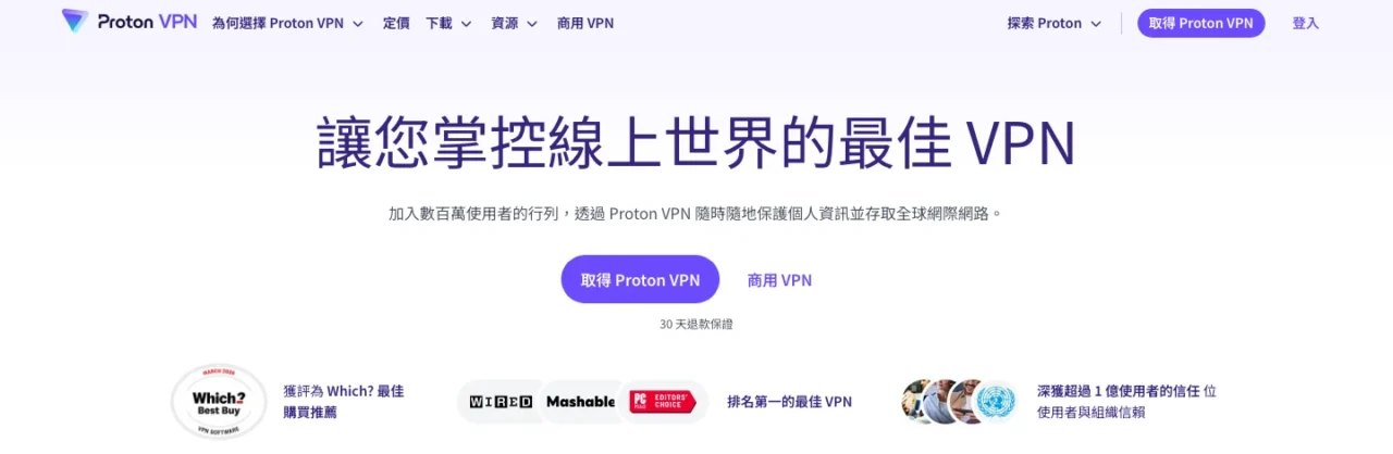 Proton VPN 繁體中文官網首頁:「讓您掌控線上世界的最佳 VPN」,下方有「取得 Proton VPN」按鈕與 30 天退款保證