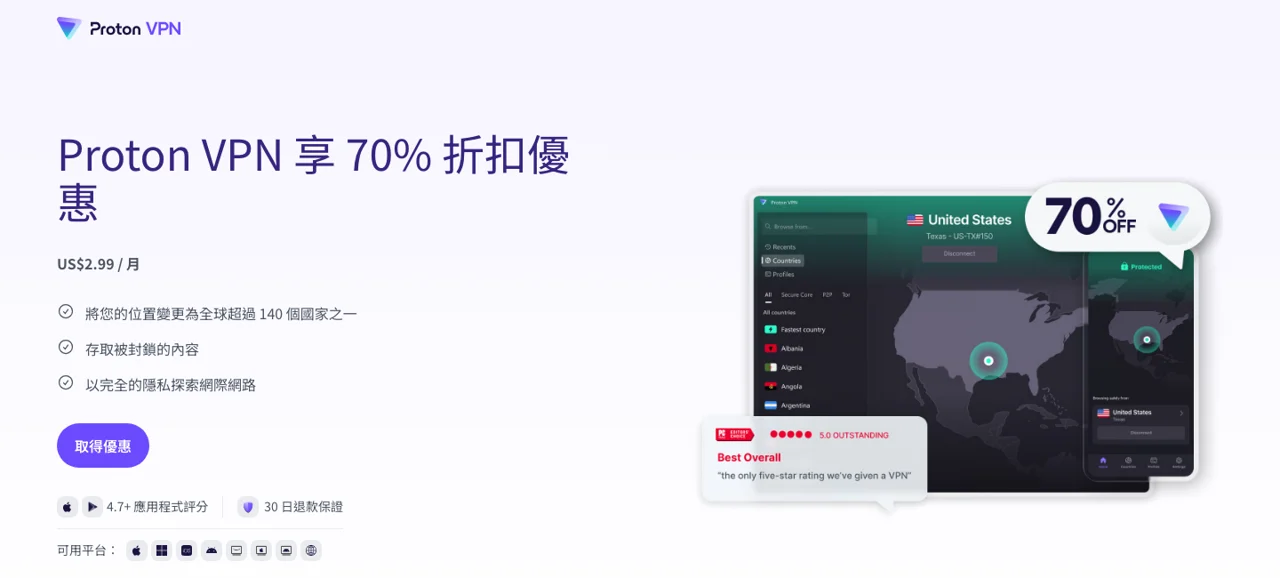 Proton VPN 繁體中文合作優惠頁:VPN Plus 享 70% 折扣、US$2.99/月,可連線 140 多個國家,30 日退款保證