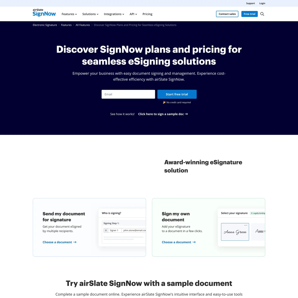 signNow 官方網站的價格方案頁面