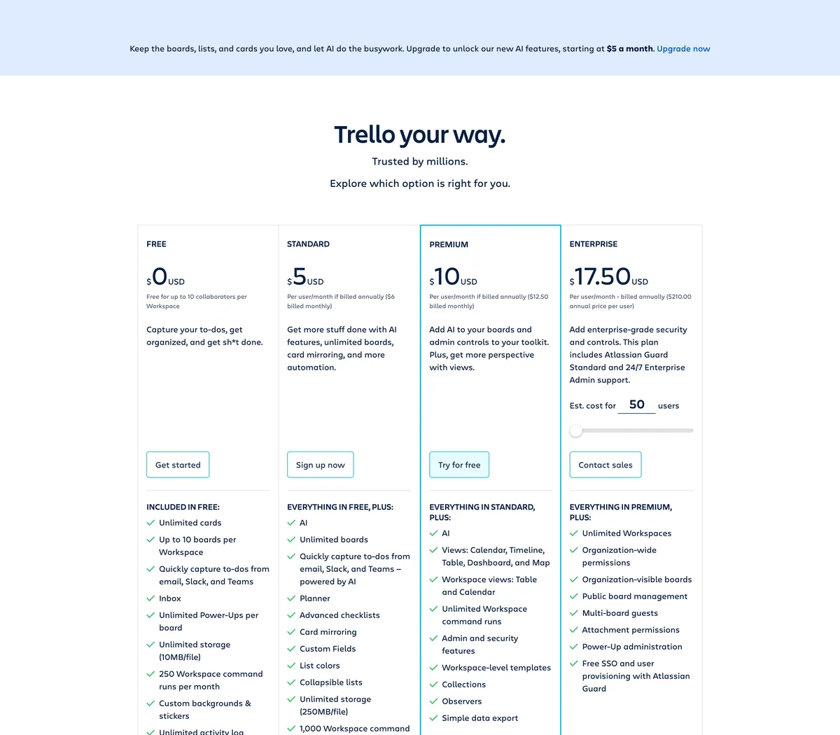 Trello 官方網站的價格方案畫面