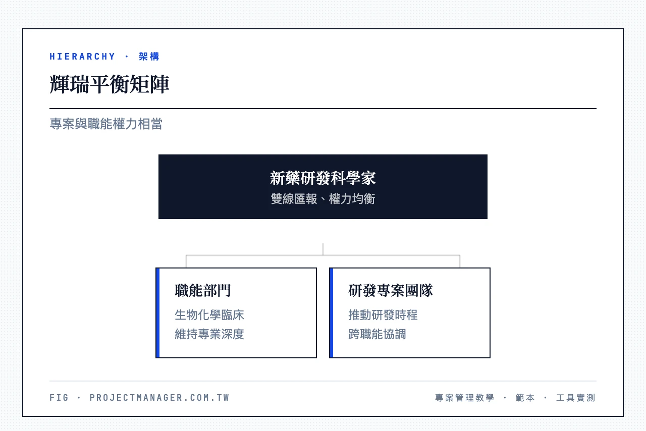 輝瑞平衡矩陣：新藥研發科學家同時向生物學/化學/臨床職能部門與新藥研發專案團隊雙線匯報，雙方權力相當